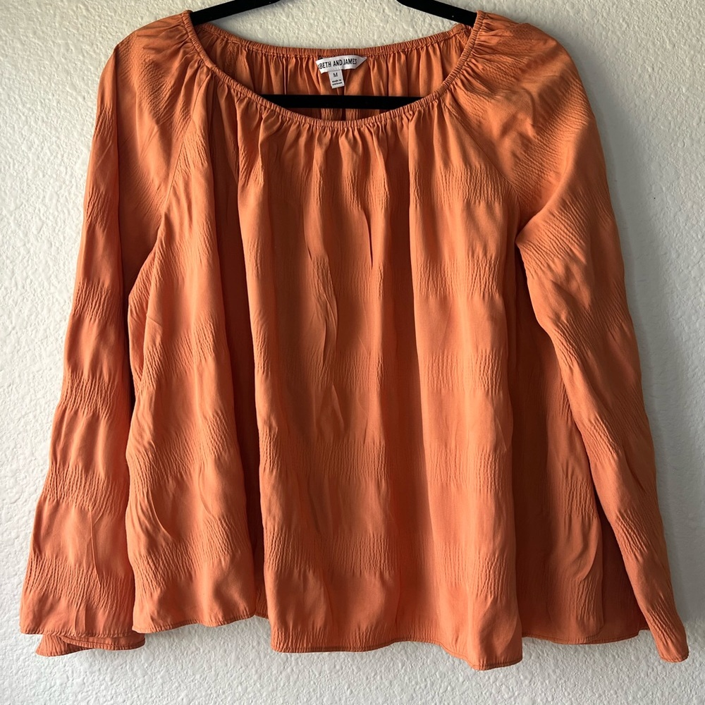 Elizabeth and James Off The Shoulder Boho Oversize Rust Orange Blouse Size M. - Picture 4 of 11